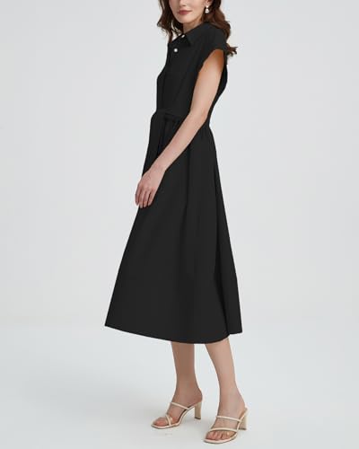 Women's Belted Shirt Midi Dress Casual Short Wing Sleeve Button Down Lapel V Neck Dress
