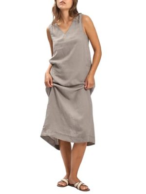 Women's 100% Linen Plant-Dyed Sleeveless V-Neck Midi Dress with Slit