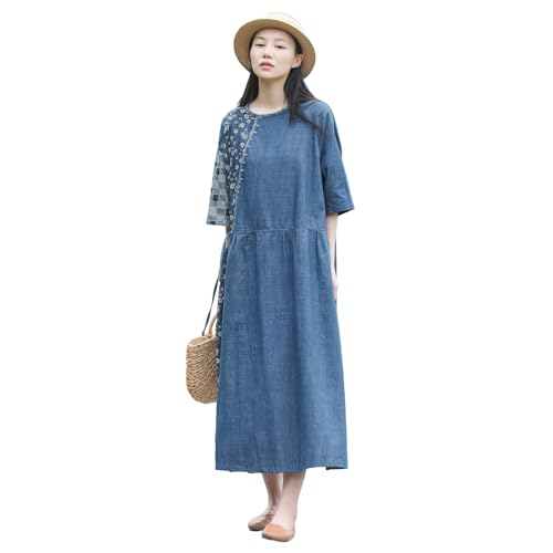 Flower Pattern Casual Denim Dress Blue Short Sleeved Patch Medium Long Robe Loose Fit