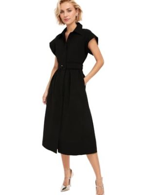Women Casual Button Down Shirt Dress Short Wing Sleeve Buiness Midi Shirt Dress with Belt Elegant Dress