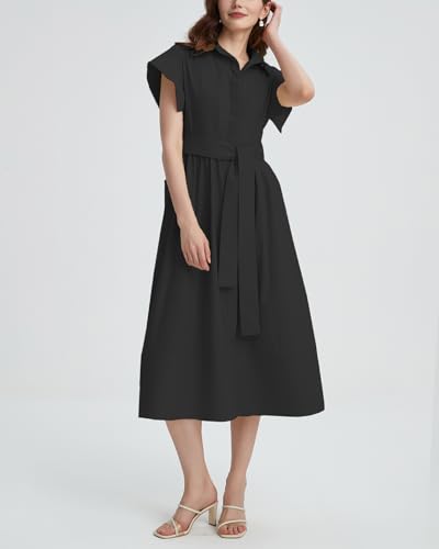 Women's Belted Shirt Midi Dress Casual Short Wing Sleeve Button Down Lapel V Neck Dress