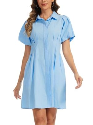 Women's Short Puff Sleeve Shirt Dress Button Down Pleated Mini Dress Summer Casual Short Dresses