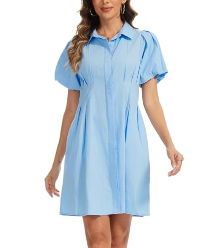 Women's Short Puff Sleeve Shirt Dress Button Down Pleated Mini Dress Summer Casual Short Dresses