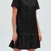 Women's Cotton Drop Waist Ruffle Hem Shirt Dress Short Sleeve Button Down Tunic Dress with Pockets