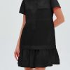 Women's Cotton Drop Waist Ruffle Hem Shirt Dress Short Sleeve Button Down Tunic Dress with Pockets