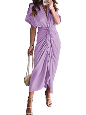 Women Elegant Satin Button Down Short Sleeve Maxi Shirt Dress with Belt