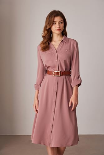 Women's Long Sleeve Button Down Shirt Dress Casual Loose Tie Waist Adjustable Sleeve Length Midi Dresses