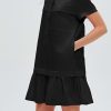 Women's Cotton Drop Waist Ruffle Hem Shirt Dress Short Sleeve Button Down Tunic Dress with Pockets