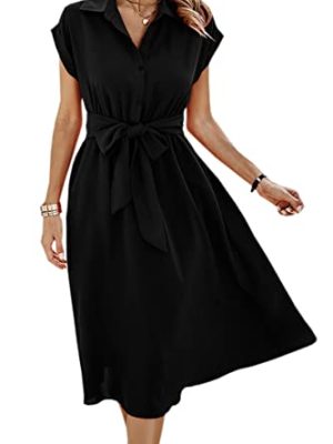 Womens Casual Midi Dresses Solid V Neck Short Sleeve Button Shirt Belted Dress with Pockets for Spring Summer 2025