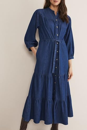 Women's Tiered Denim Shirt Dress 3/4 Sleeve Button Down Midi Jean Dresses Flowy Belted Denim Dress with Pockets