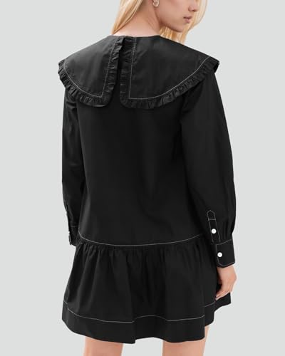 Women Shirt Mini Dress Button Down Ruffle Dress Long Sleeves Shift Dresses Peter Pan Collar Dresses