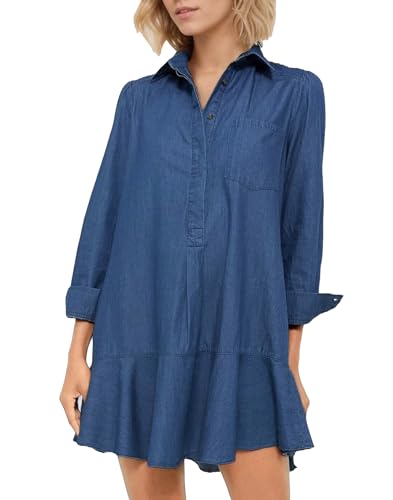Women's Long Sleeve Denim Shirt Dress 2025 Button Down Ruffle Flowy Collared Mini Jeans Dress