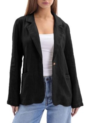 Women's 100% Linen Notched Button Blazer Long Sleeve Jackets Office Coat
