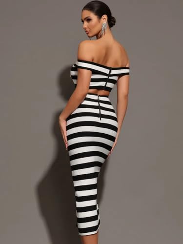 Women Stripe Off Shoulder Crop Top and High Waist Skirt Two Piece Sets Celebrity Evening Club Party Outfits