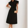 Women Casual Button Down Shirt Dress Short Wing Sleeve Buiness Midi Shirt Dress with Belt Elegant Dress