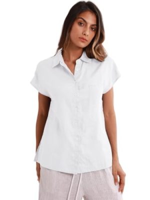 Womens 100% Linen Summer Short Sleeve Button Down Shirts Collar Blouses