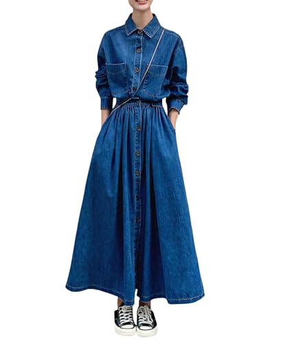 Women's Denim Dress Lapel Button Down Long Sleeve A Line Jeans Maxi Dress Plus Size Denim Shirt Dress with Pockets