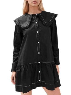 Women Shirt Mini Dress Button Down Ruffle Dress Long Sleeves Shift Dresses Peter Pan Collar Dresses