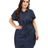Women's Summer Denim Cotton Shirt Dress Short Sleeves Knee Length Button Down Casual Dress with Pockets