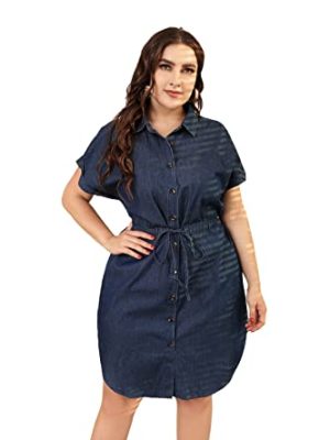 Women's Summer Denim Cotton Shirt Dress Short Sleeves Knee Length Button Down Casual Dress with Pockets