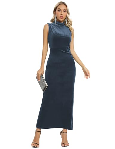 Women Backless Velvet Maxi Dress Back Slit Ruched Bodycon Formal Dress High Neck Cocktail Party Dress 091