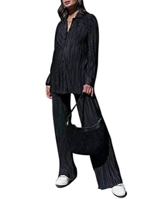 Pleated 2 Piece Outfits for Women Long Sleeve Oversized Button Down Shirt Wide Leg Pants Sets Casual Loungewear