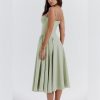 Women??s Corset Dress Sexy Spaghetti Strap Bustier Midi Dress Low Cut Flowy Pleated Hem Formal Dresses with Pockets
