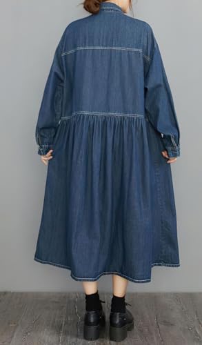 Womens Fall Winter A-Line Long Denim Trench Coat Loose Casual Button Down Maxi Jean Shirt Dress