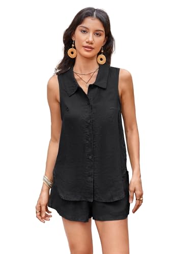 100% Linen Sets for Women 2 Piece Lounge Outfits Collared Sleeveless Button Down Shirt High Waisted Shorts Summer Set