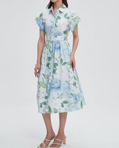 Women Summer Dresses 2025 Casual Wing Short Sleeve Button Down Midi Dress Floral Long Dress with Pocket