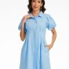 Women's Short Puff Sleeve Shirt Dress Button Down Pleated Mini Dress Summer Casual Short Dresses