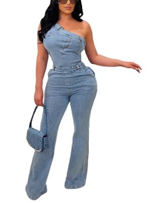 Women Trendy Asymmetric One Piece Bodycon Denim Romper Sexy Slim Jean Jumpsuit Oversize Fascinating Stretch Pants