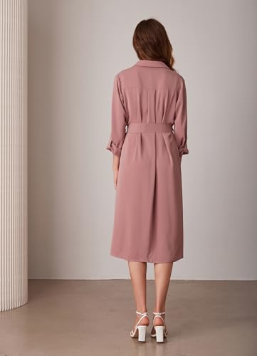 Women's Long Sleeve Button Down Shirt Dress Casual Loose Tie Waist Adjustable Sleeve Length Midi Dresses