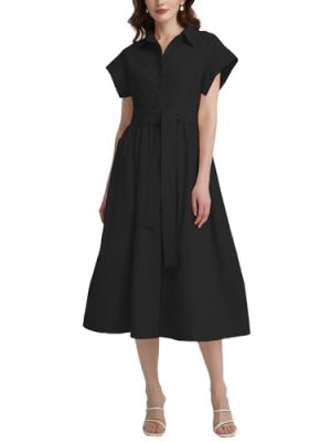 Women's Belted Shirt Midi Dress Casual Short Wing Sleeve Button Down Lapel V Neck Dress