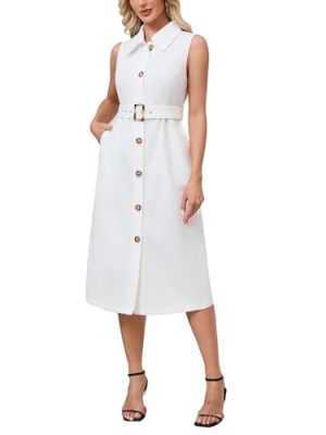 Women's Button Down Shirt Dress Sleeveless Collared A-line Maxi Dress with Belt