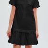 Women's Cotton Drop Waist Ruffle Hem Shirt Dress Short Sleeve Button Down Tunic Dress with Pockets