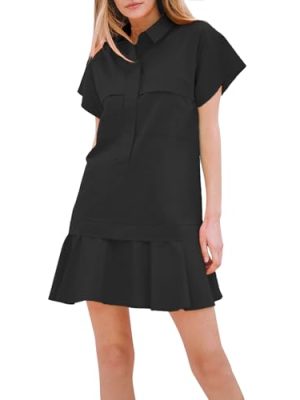 Women's Cotton Drop Waist Ruffle Hem Shirt Dress Short Sleeve Button Down Tunic Dress with Pockets