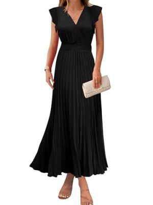 Women's Summer Maxi Dresses Elegant V Neck Ruffle Flutter Sleeves Empire Waist Pleated Flowy Wedding Guest Dress