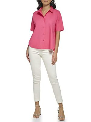 Women's Poplin Hi Lo Short Sleeve Button Down Blouse