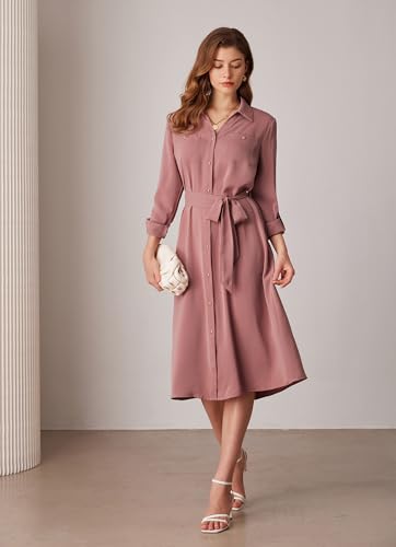 Women's Long Sleeve Button Down Shirt Dress Casual Loose Tie Waist Adjustable Sleeve Length Midi Dresses