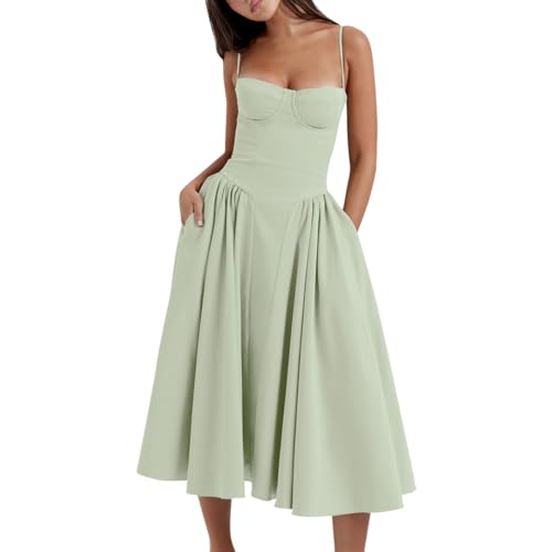 Women??s Corset Dress Sexy Spaghetti Strap Bustier Midi Dress Low Cut Flowy Pleated Hem Formal Dresses with Pockets