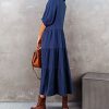 Women's Summer Cotton Half Sleeves Button Down Casual Loose Slit Midi Dress with Pockets