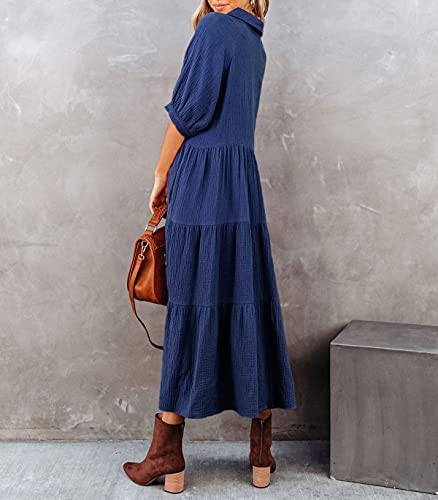 Women's Summer Cotton Half Sleeves Button Down Casual Loose Slit Midi Dress with Pockets