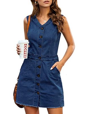 Women Sleeveless V Neck Button Down Frayed Hem Short Denim Dress