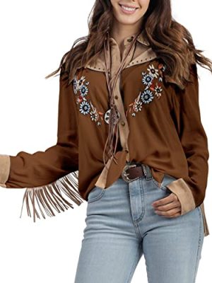 Women's Embroidered Western Long Sleeve Buttons Down Shirts Collared Retro Casual Blouses Shirts