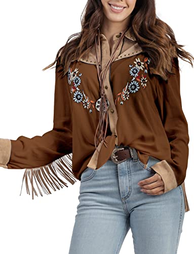 Women's Embroidered Western Long Sleeve Buttons Down Shirts Collared Retro Casual Blouses Shirts
