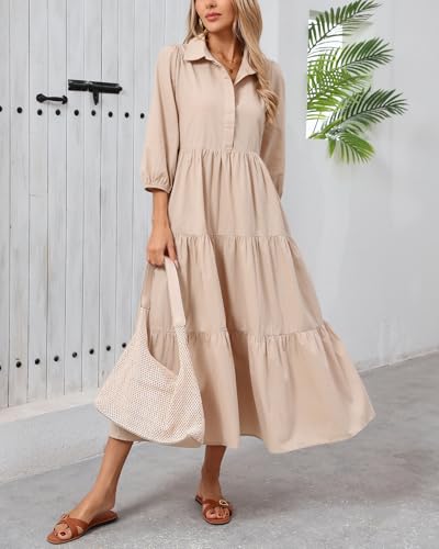 Women Flowy Maxi Shirt Dress Casual Button Down V Neck Ruffled Beach Long Dresses with Pockets