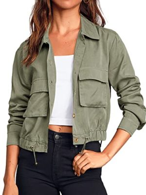 Women's Military Safari Cropped Jackets Button Down Lightweight Oversized Utility Anorak Coat with Pockets