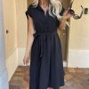 Womens Casual Midi Dresses Solid V Neck Short Sleeve Button Shirt Belted Dress with Pockets for Spring Summer 2025