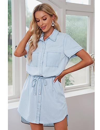 Women Casual Denim Dress Short Sleeve Tie Waist Classic Jean Shirt Dress
